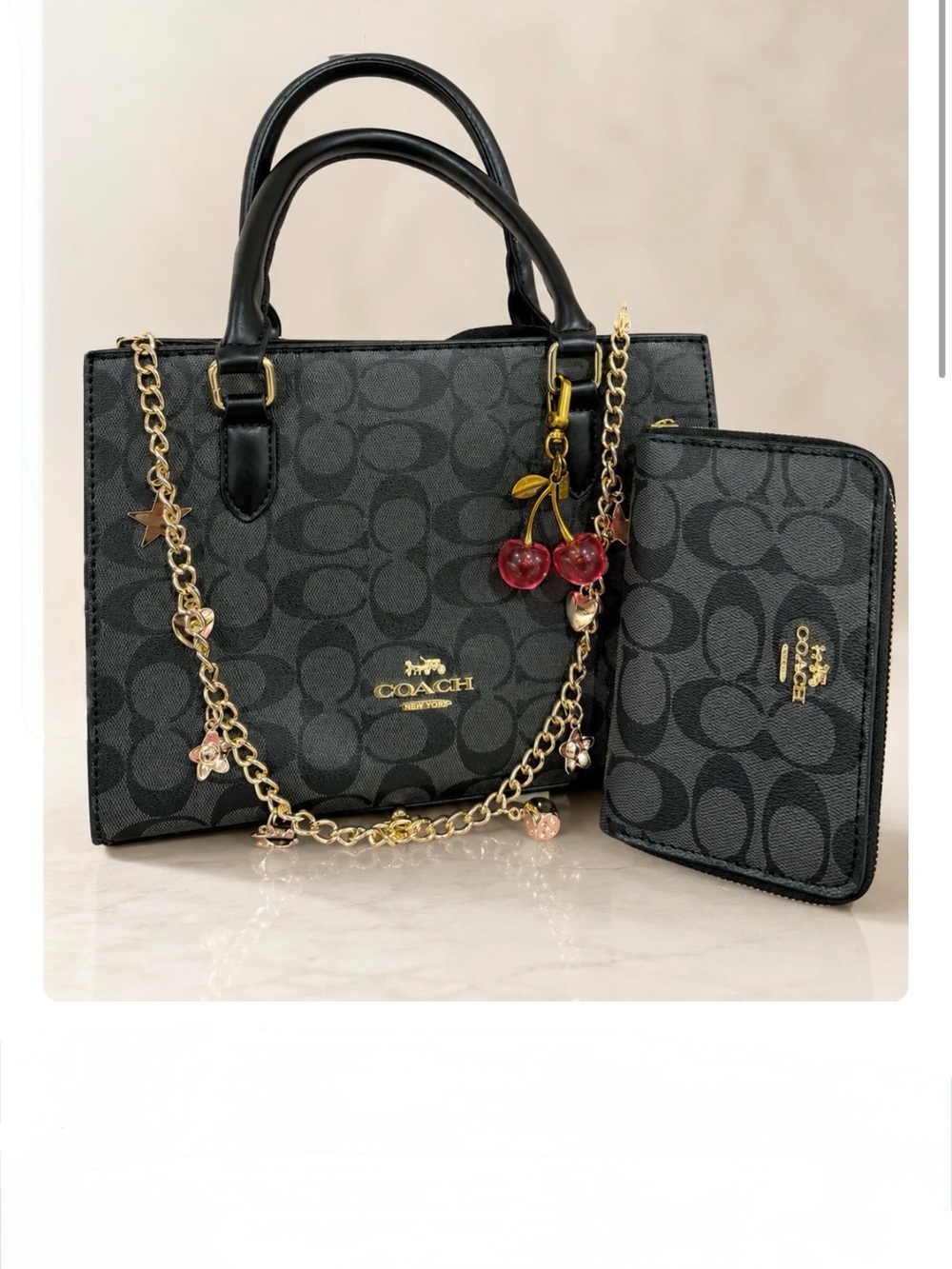 Coach Black Signature Satchel with Matching Zip Wallet and Gold Charm Chain NEW